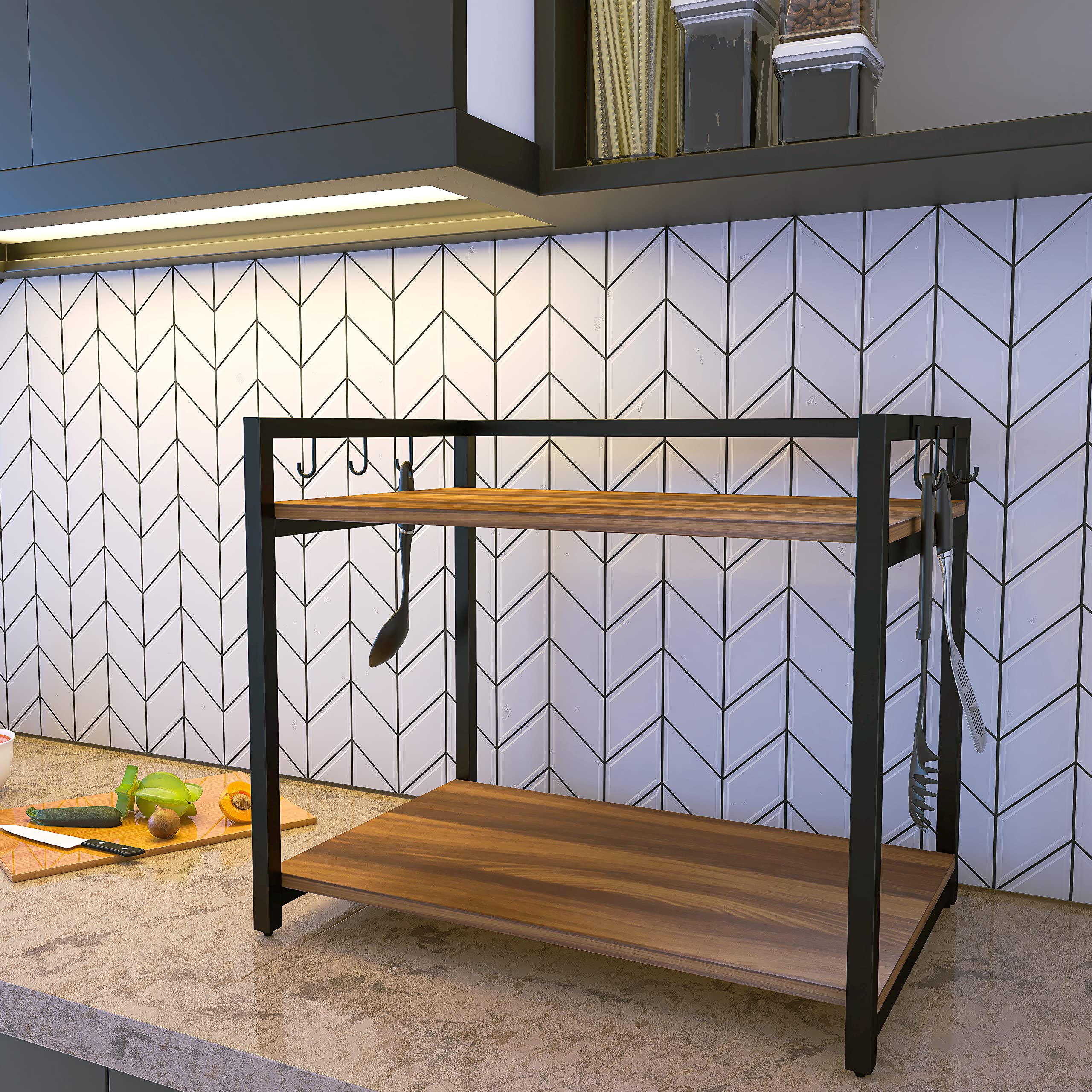 DECOWORLD || Microwave Stand || Metal Microwave Stand for Kitchen Counter|| Double Platform for Extra Storage (Black with Honey